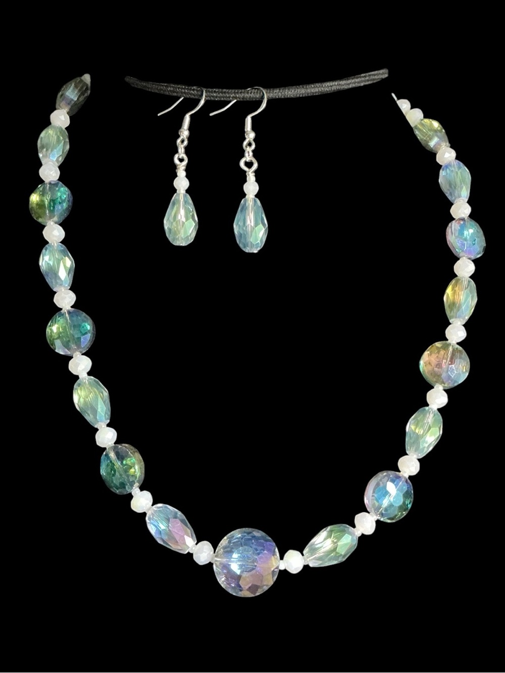 Iridescent Green-Blue Faceted Bead Necklace with Matching Earrings